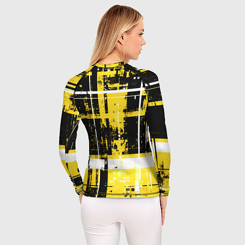 Женский рашгард Жёлто-белый гранж на чёрном фоне / 3D-принт – фото 4