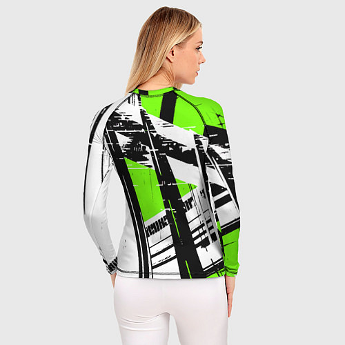 Женский рашгард Чёрно-белые абстрактные линии на зелёном фоне / 3D-принт – фото 4