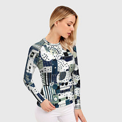 Рашгард женский Чёрно-белый с синий абстракция фигуры точки, цвет: 3D-принт — фото 2