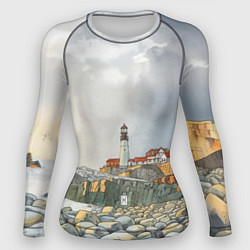 Рашгард женский Маяк и камни на пляже - акварельный рисунок, цвет: 3D-принт