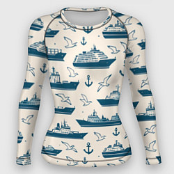 Женский рашгард Морской паттерн из чаек, якорей и кораблей