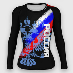 Женский рашгард Россия с флагом и гербом на чёрном фоне