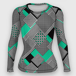 Рашгард женский Черно бирюзовая абстрактная геометрия пэчворк, цвет: 3D-принт