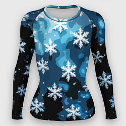 Рашгард женский Стилизованный паттерн со снежинками тёмно-синий, цвет: 3D-принт