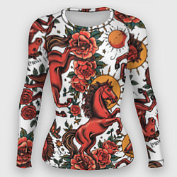 Рашгард женский Красный конь в стиле татуировки, цвет: 3D-принт