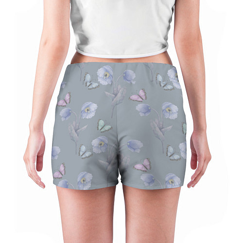 Женские шорты Бабочки и цветы голубого мака / 3D-принт – фото 4