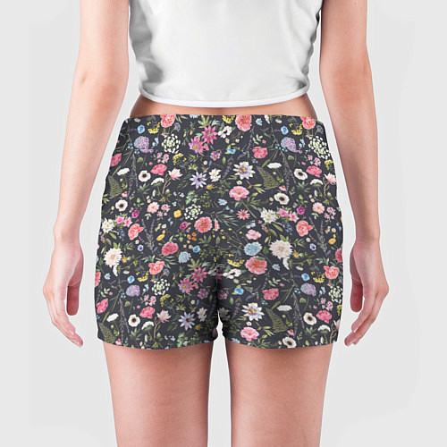Женские шорты Разные цветы, листья, травы на темном фоне / 3D-принт – фото 4