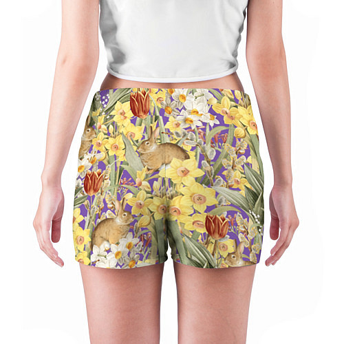 Женские шорты Цветы Нарциссы и Зайцы / 3D-принт – фото 4
