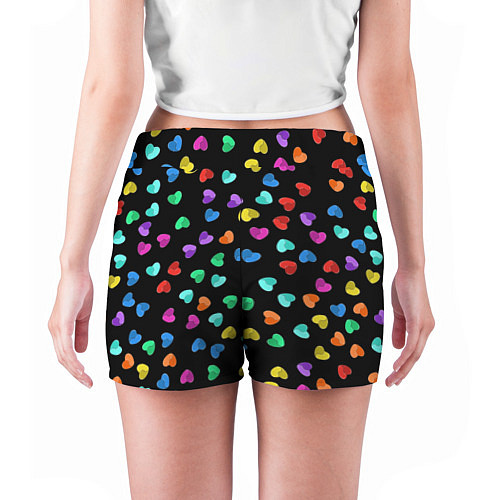 Женские шорты Сердечки разноцветные на черном / 3D-принт – фото 4