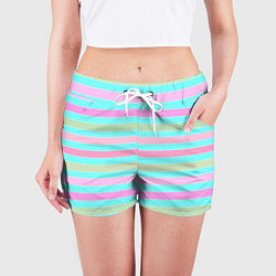 Шорты женские Pink turquoise stripes horizontal Полосатый узор, цвет: 3D-принт — фото 2