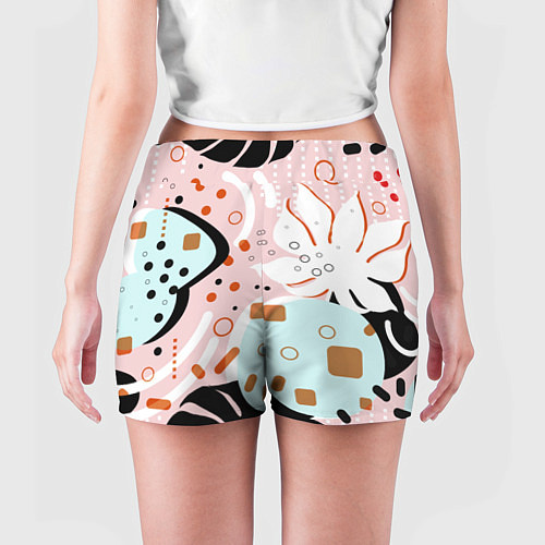 Женские шорты Абстрактные фигуры с пальмовыми листами на розовом / 3D-принт – фото 4