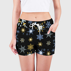Шорты женские Новый год снежинки на чёрном фоне, цвет: 3D-принт — фото 2