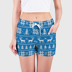 Шорты женские Рождественский синий свитер с оленями, цвет: 3D-принт — фото 2