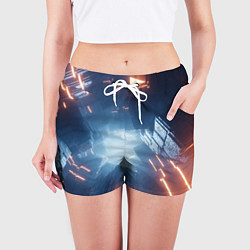 Шорты женские Множество неоновых блоков во тьме и туман, цвет: 3D-принт — фото 2