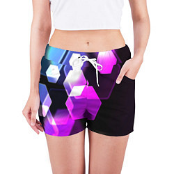 Шорты женские Неоновая нейросеть соты, цвет: 3D-принт — фото 2