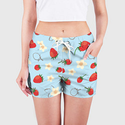 Шорты женские Узор из ягод клубники на голубом фоне, цвет: 3D-принт — фото 2