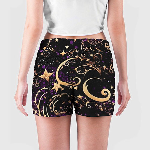 Женские шорты Чёрный паттерн со звёздами и лунами / 3D-принт – фото 4