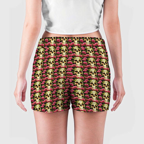 Женские шорты Черепа с розовыми цветами / 3D-принт – фото 4