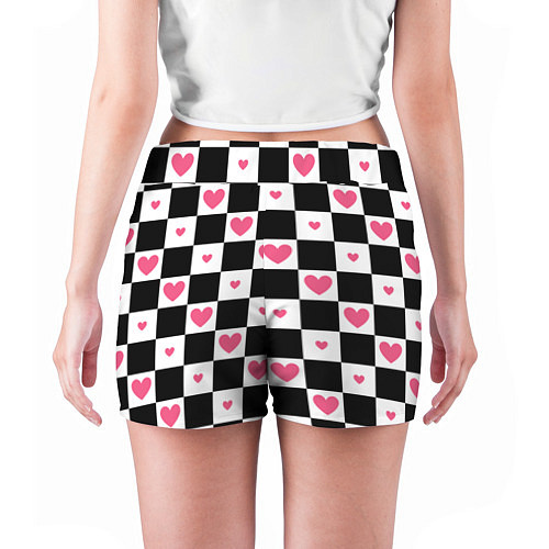 Женские шорты Розовые сердечки на фоне шахматной черно-белой дос / 3D-принт – фото 4
