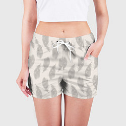 Шорты женские Бежевый паттерн с перьями, цвет: 3D-принт — фото 2