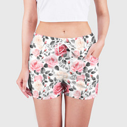 Шорты женские Розовые розы и серые листочки - паттерн, цвет: 3D-принт — фото 2