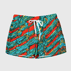 Женские шорты Голубые фрагменты на красном фоне