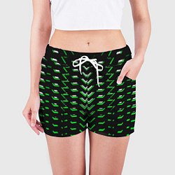 Шорты женские Зелёно-белые полосы на чёрном фоне, цвет: 3D-принт — фото 2
