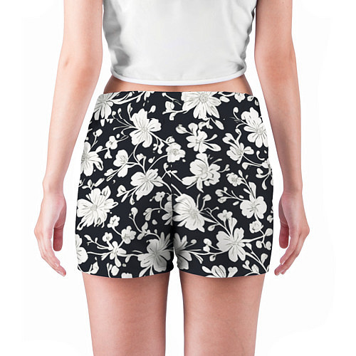 Женские шорты Патерн белых цветов на черном фоне / 3D-принт – фото 4