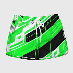 Шорты женские Зелёно-белые полосы и чёрный фон, цвет: 3D-принт