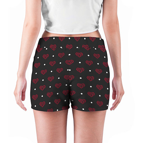 Женские шорты Красные сердечки и белые точки на черном / 3D-принт – фото 4