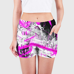 Шорты женские Бело-розовая абстракция на чёрном фоне, цвет: 3D-принт — фото 2