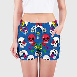 Шорты женские Паттерн из цветных черепков муэрто - нейроарт, цвет: 3D-принт — фото 2