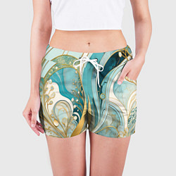 Шорты женские Бирюзовый с белым растительный узор в мягких тонах, цвет: 3D-принт — фото 2