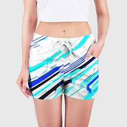 Шорты женские Чёрно-сине-голубые полосы на белом фоне, цвет: 3D-принт — фото 2