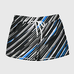 Шорты женские Диагональные сине-белые полосы на чёрном фоне, цвет: 3D-принт