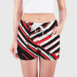 Шорты женские Красно-белые диагональные полосы на чёрном фоне, цвет: 3D-принт — фото 2