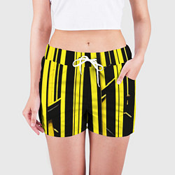 Шорты женские Толстые жёлтые полосы на чёрном фоне, цвет: 3D-принт — фото 2