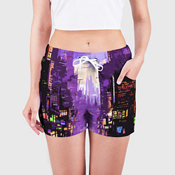 Шорты женские Киберпанк город фиолетовый, цвет: 3D-принт — фото 2