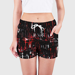 Шорты женские Бело-красная тревожная абстракция на чёрном фоне, цвет: 3D-принт — фото 2