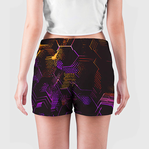 Женские шорты Жёлто-фиолетовые точки и линии на чёрном фоне / 3D-принт – фото 4