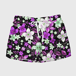 Шорты женские Фиолетово-белые цветы на чёрном фоне, цвет: 3D-принт