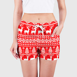 Шорты женские Новогодние мотивы елки и олени на красном, цвет: 3D-принт — фото 2