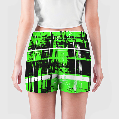 Женские шорты Зелёно-белый гранж на чёрном фоне / 3D-принт – фото 4