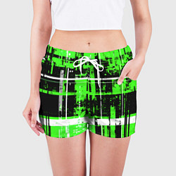Шорты женские Зелёно-белый гранж на чёрном фоне, цвет: 3D-принт — фото 2