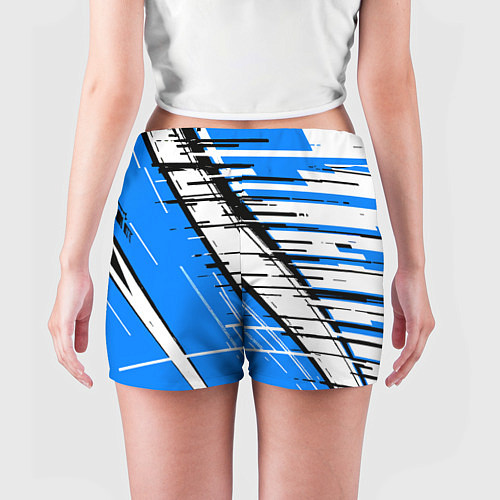 Женские шорты Чёрно-белые глитч полосы на синем фоне / 3D-принт – фото 4