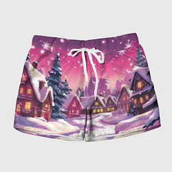 Шорты женские Новогодние домики и фиолетовый закат, цвет: 3D-принт