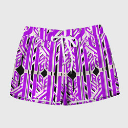 Шорты женские Бело-фиолетовые техно полосы на чёрном фоне, цвет: 3D-принт