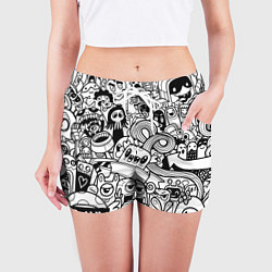 Шорты женские Black and white doddle monsters, цвет: 3D-принт — фото 2