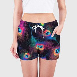 Шорты женские Павлиньи перья - разные оттенки, цвет: 3D-принт — фото 2