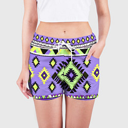 Шорты женские Геометрический сиренево желтый орнамент ацтеков, цвет: 3D-принт — фото 2